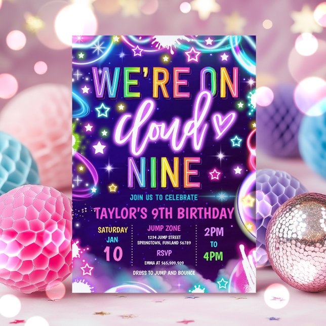 We're On Cloud 9 Neon Glow 9th Birthday Party Invitation (Creator Uploaded)