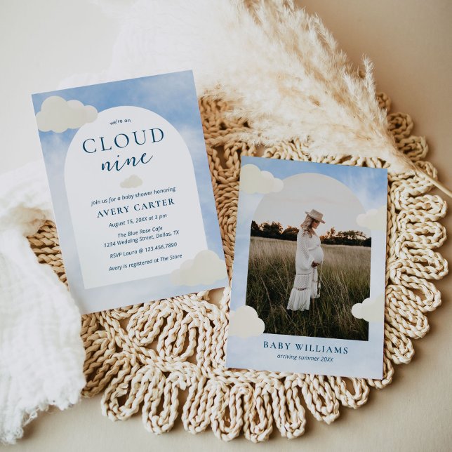  Were On Cloud 9 Watercolor Photo Baby Shower Invitation (Creator Uploaded)
