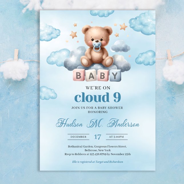 We're on cloud nine brown boy teddy bear on cloud invitation (We’re on Cloud 9! 💙

Invite loved ones to celebrate your baby boy with this editable teddy bear boy)