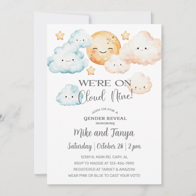 We're on Cloud Nine gender reveal invitation. Invitation (Front)