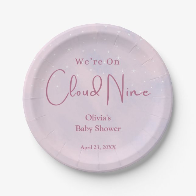 We're on Cloud Nine Girl Baby Shower Paper Plate (Front)