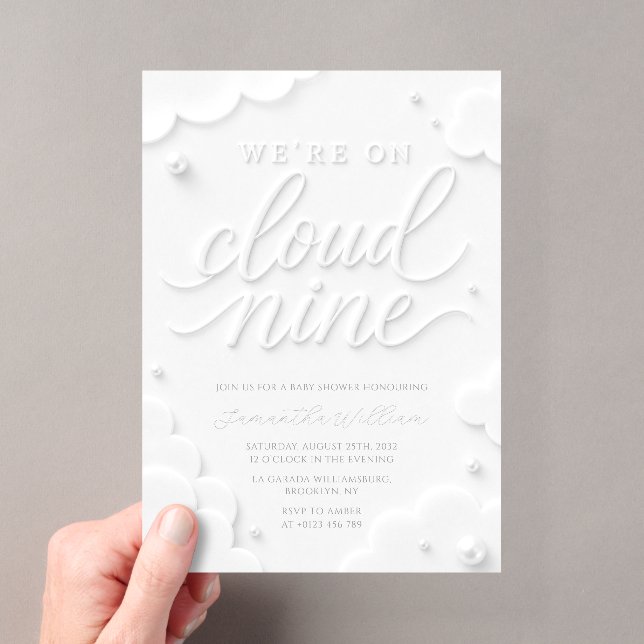 We're on Cloud Nine White Clouds Baby Shower Acrylic Invitations (Insitu (Handheld))