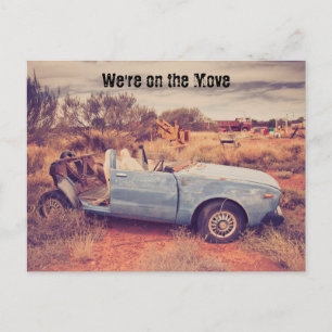 We're On the Move Run-Down Car Postcard