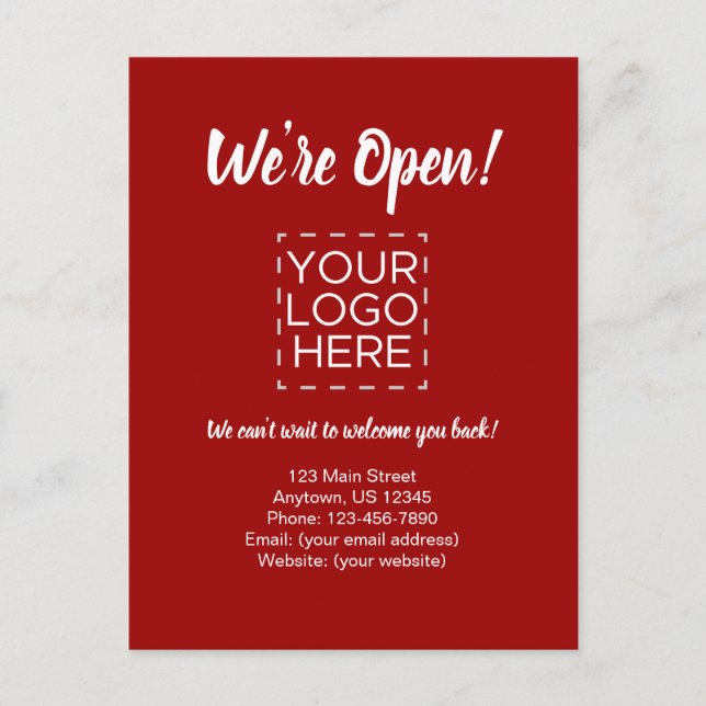We're Open Business Reopening Announcement Red Postcard (Front)