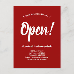 We're Open Business Reopening Announcement Red Postcard