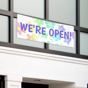 WE'RE OPEN! Pastel Rainbow Flowers Banner