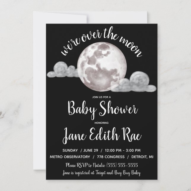 We're Over the Moon, black and white Baby Shower Invitation (Front)