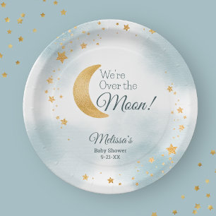 We're Over the Moon Blue Baby Shower Paper Plate