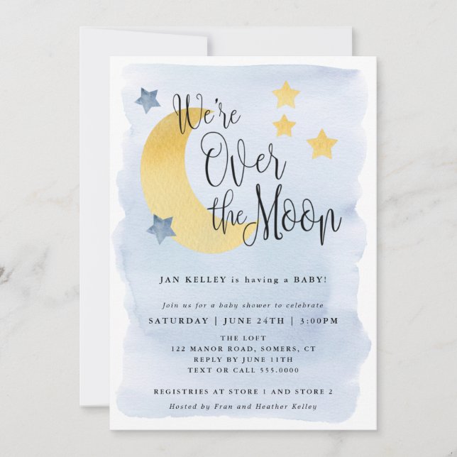 We're Over the Moon, Blue Watercolor Baby Shower Invitation (Front)