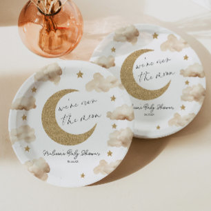 We're Over The Moon Boho Celestial Baby Shower Paper Plate