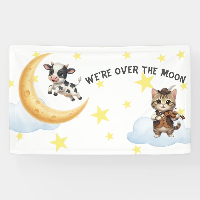 We're Over the Moon, Cow, Moon, Cat Baby Shower Banner (Horizontal)