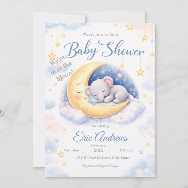 We're Over the Moon Elephant Boy Baby Shower Invitation (Front)