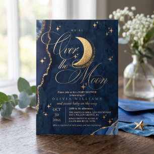 We're Over the Moon Gold Stars Blue Baby Shower Invitation