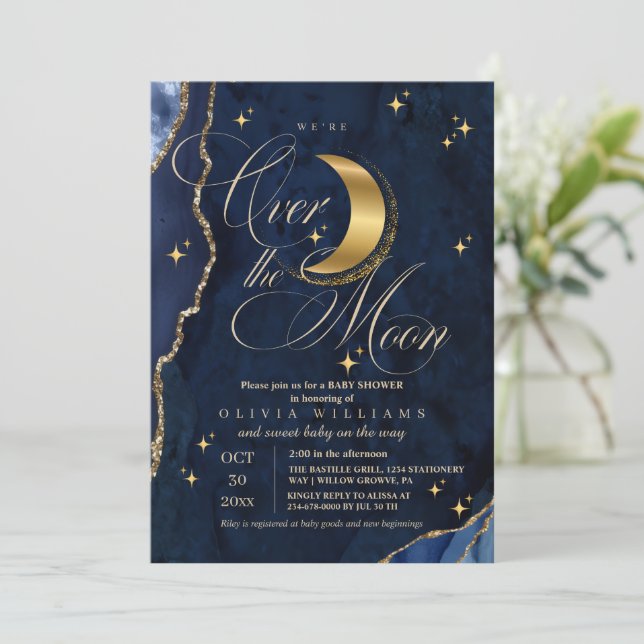 We're Over the Moon Gold Stars Blue Baby Shower  Invitation (Standing Front)