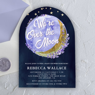 We're Over The Moon Lavender Navy Arch Baby Shower Invitation