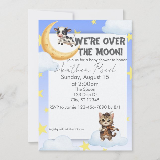 We're Over the Moon, nursery rhyme baby shower Invitation (Front)