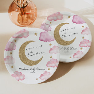 We're Over The Moon Pink Celestial Baby Shower Paper Plate