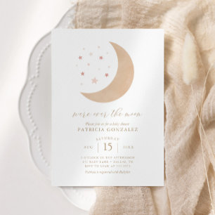 We're Over the Moon Pink Gold Girl Baby Shower Inv Invitation