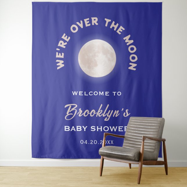 We're Over The Moon Simple Baby Shower Backdrop Tapestry (In Situ)