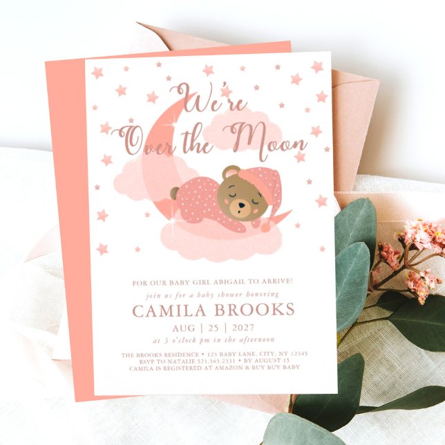 We're Over The Moon Sleeping Bear Girl Baby Shower Invitation (Creator Uploaded)