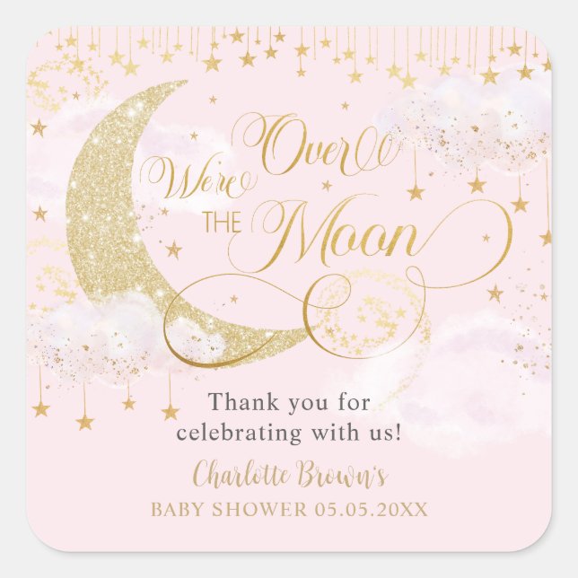We're Over the Moon Stars Pastel Pink Baby Shower Square Sticker (Front)