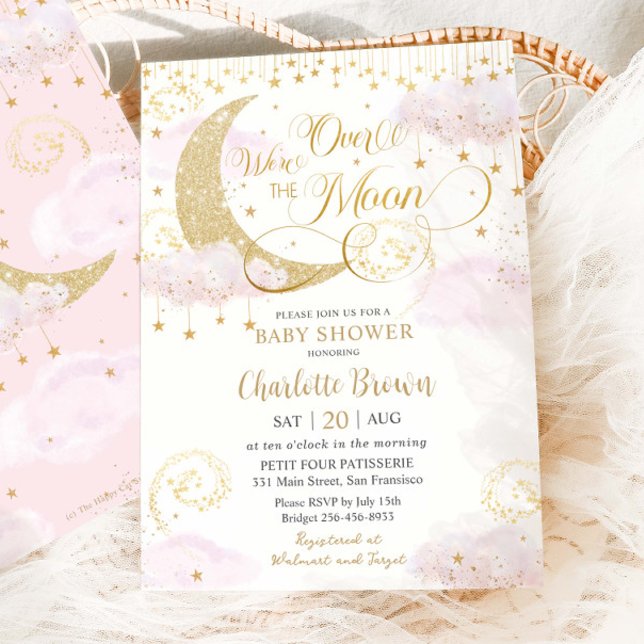 We're Over the Moon Stars Pink Gold Baby Shower Invitation (Creator Uploaded)