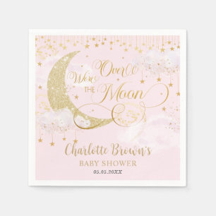 We're Over the Moon Stars Pink Gold Baby Shower Napkin