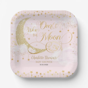 We're Over the Moon Stars Pink Gold Baby Shower Paper Plate
