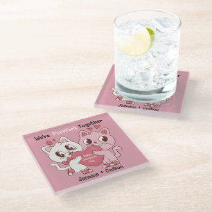 We're Purrfect Together Cute Valentine Pillow Glass Coaster