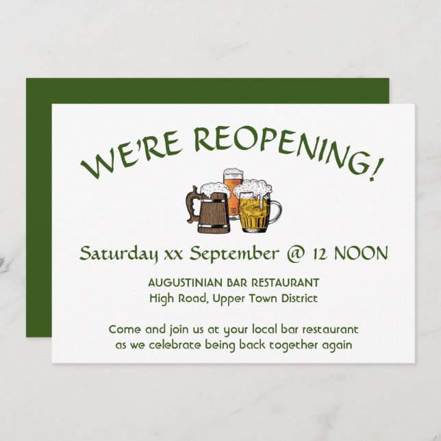 WE'RE REOPENING! Bar Restaurant Customisable GREEN Invitation (Front/Back)