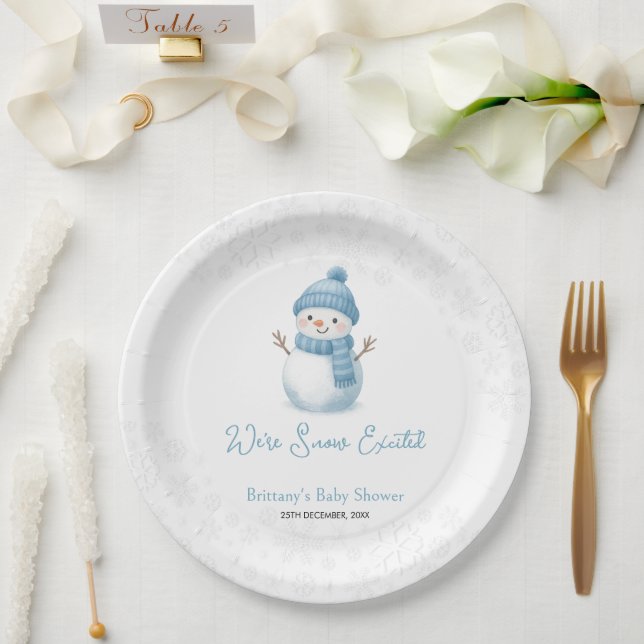 We're Snow Excited Snowmen Boy Baby Shower Paper Plate (Wedding)