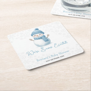 We're Snow Excited Snowmen Boy Baby Shower Square Paper Coaster