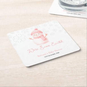 We're Snow Excited Snowmen Girl Baby Shower Square Paper Coaster
