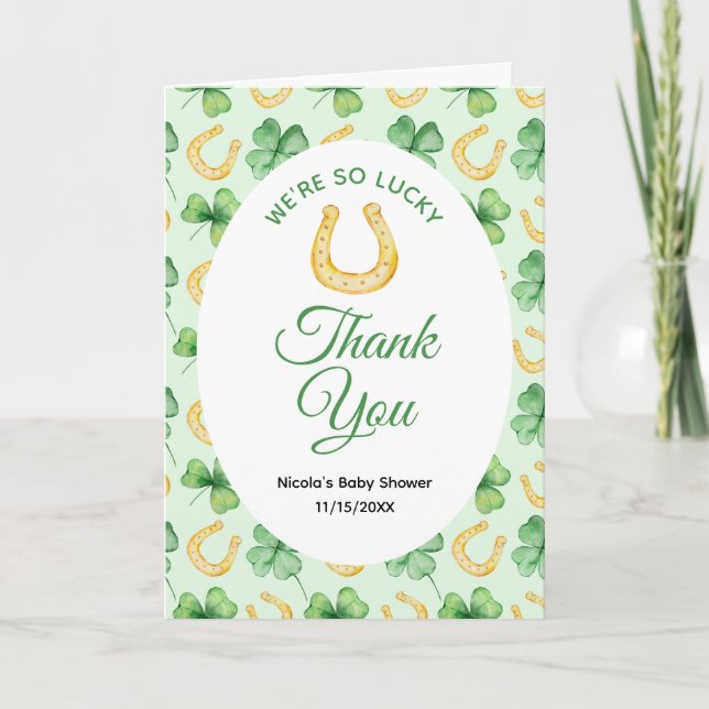 We're So Lucky Horseshoe St Patrick's Baby Shower Thank You Card (Front)