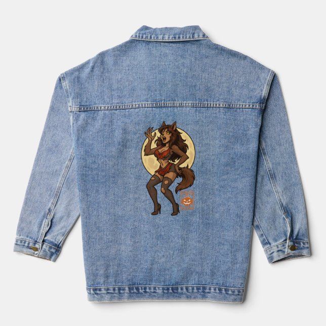 Werewolf Girl Cartoon Denim Jacket (Back)