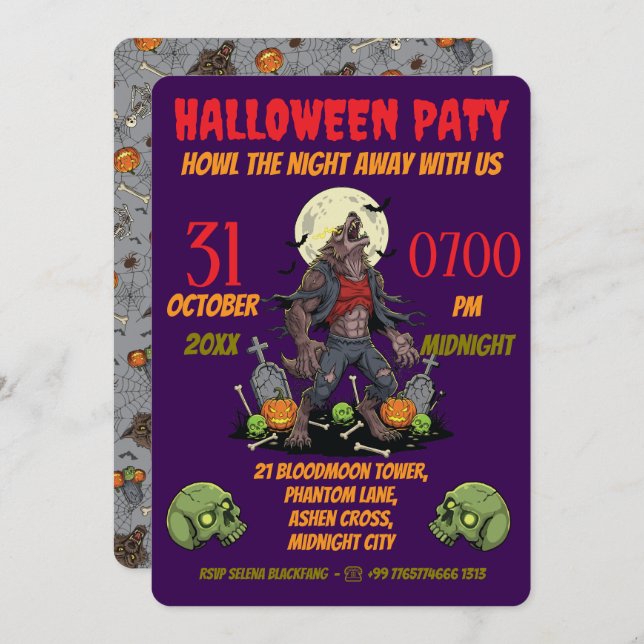 🎃 Werewolf Halloween Invite Card 🐺 (Front/Back)
