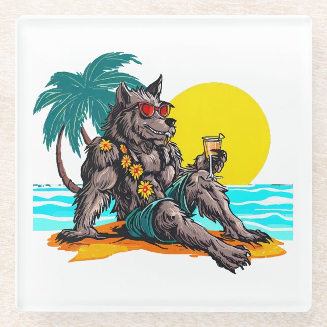 werewolf on vacation glass coaster (Front)