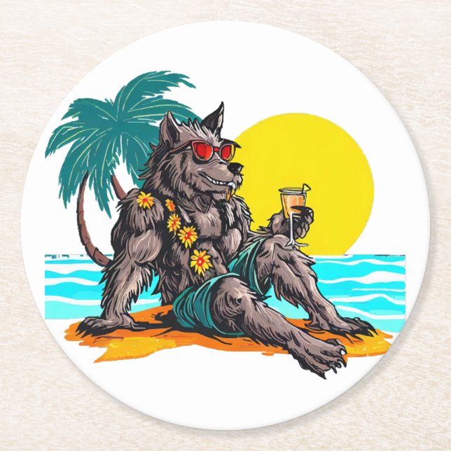 werewolf on vacation round paper coaster (Front)