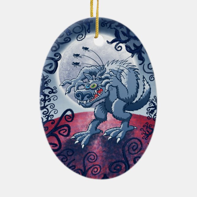 Werewolf Scratching Spooky Fleas Ceramic Ornament (Back)