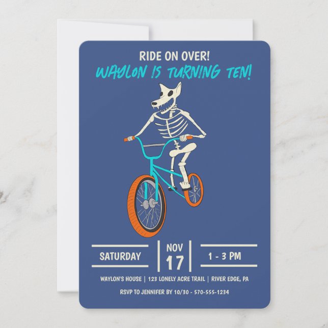 Werewolf Skeleton on a BMX Bike Boys Birthday Invitation (Front)