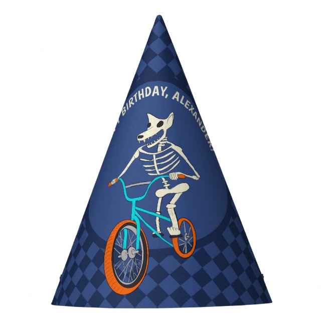 Werewolf Skeleton on a BMX Bike Boys Birthday Party Hat (Front)