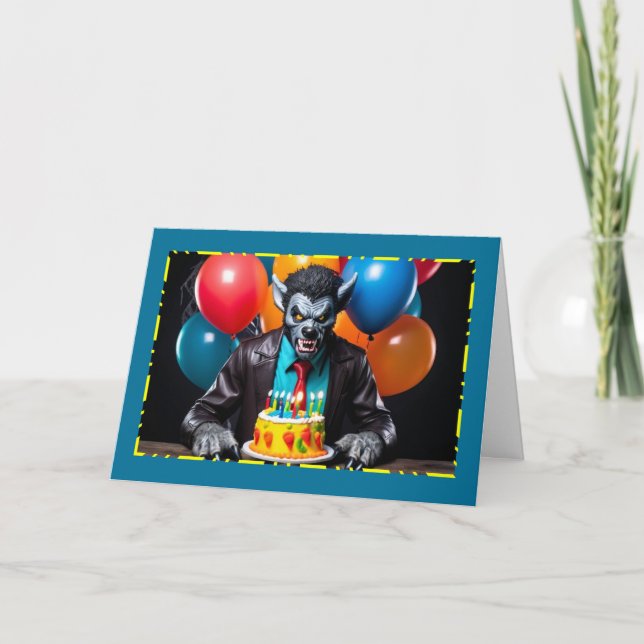 Werewolf with Birthday Cake - Halloween Birthday Holiday Card (Front)