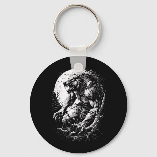 Werewolf Wolf Howling at Full Moon Key Ring (Front)