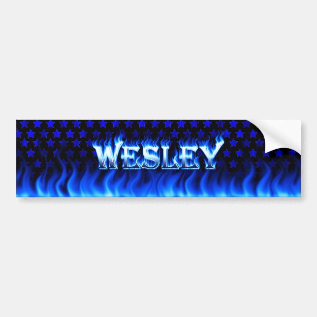 Wesley blue fire and flames bumper sticker design. (Front)