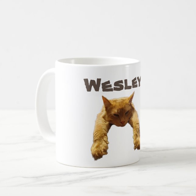 Wesley Name With Lazy Cat, Coffee Mug (Front Left)