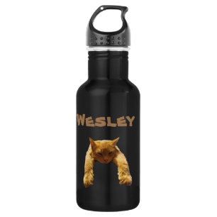 Wesley Name With Lazy Cat, Water Bottle