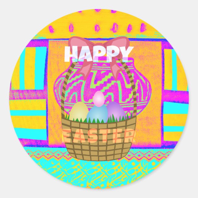 West African Inspired Easter Basket & Eggs Art  Classic Round Sticker (Front)