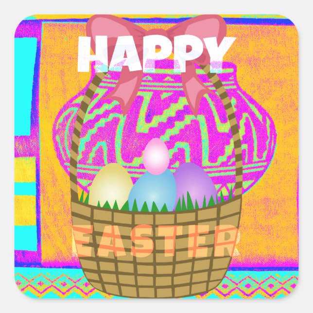 West African Inspired Easter Basket & Eggs Art  Square Sticker (Front)