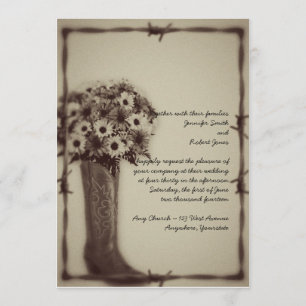 West Boot Daisy Bouquet Vintage Wedding Invitation