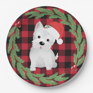 West Highland Dog Santa Hat Buffalo Plaid Pine Paper Plate
